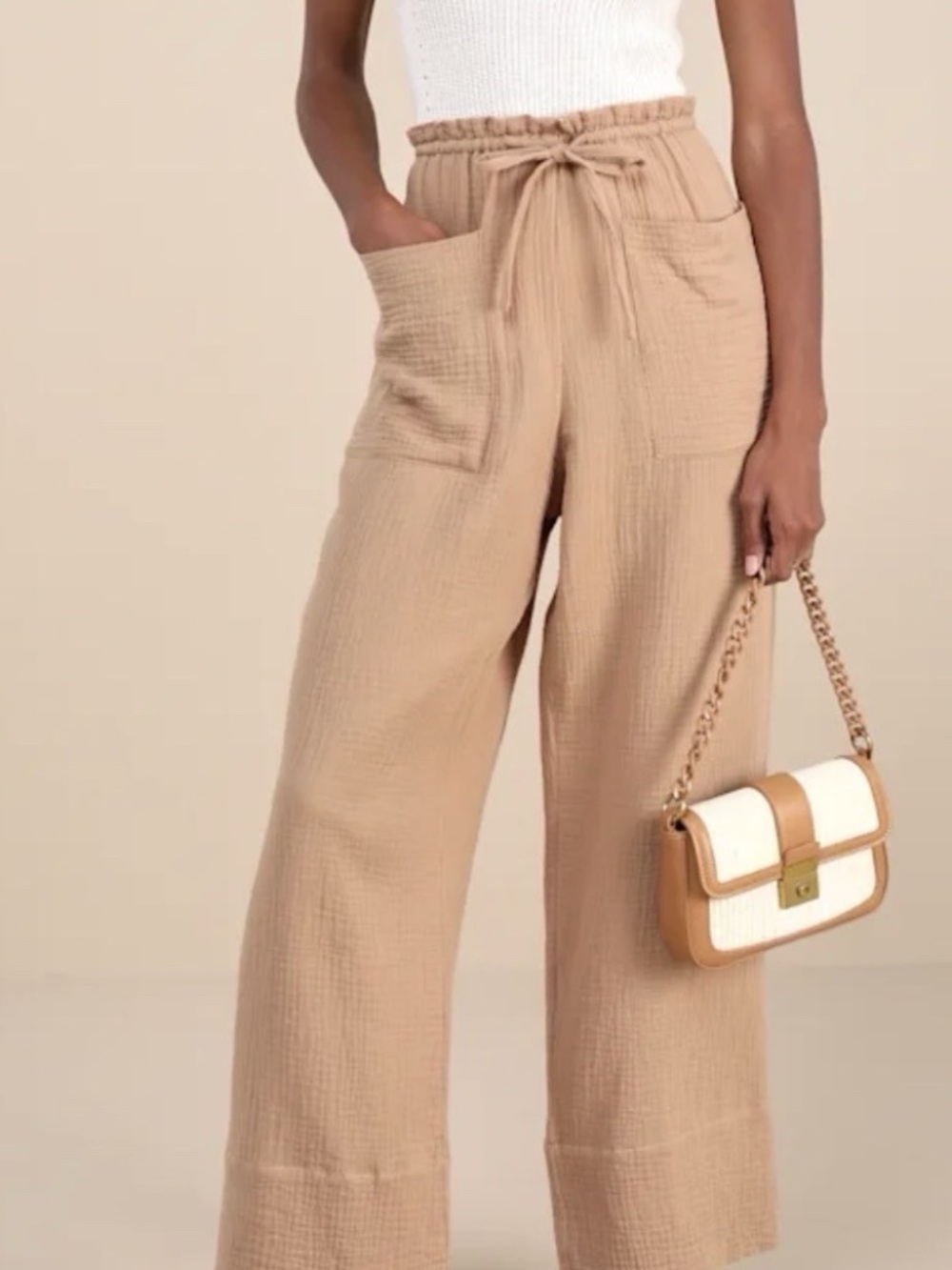 Lulu's Tan 100% Cotton Wide Leg Drawstring Pants